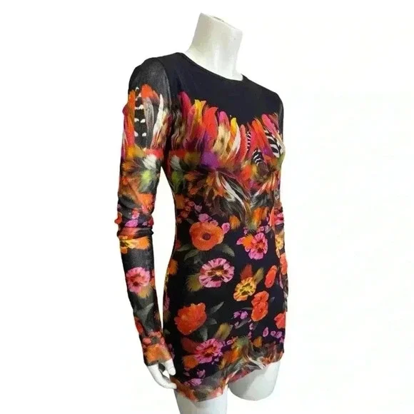 Fuzzi Mesh Floral Bodycon Mini Dress Long Sleeve Italian Designer Women’s Large - Picture 7 of 15